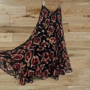 Vintage Anne Klein 100% silk black & red floral rose printed skirt asymmetrical